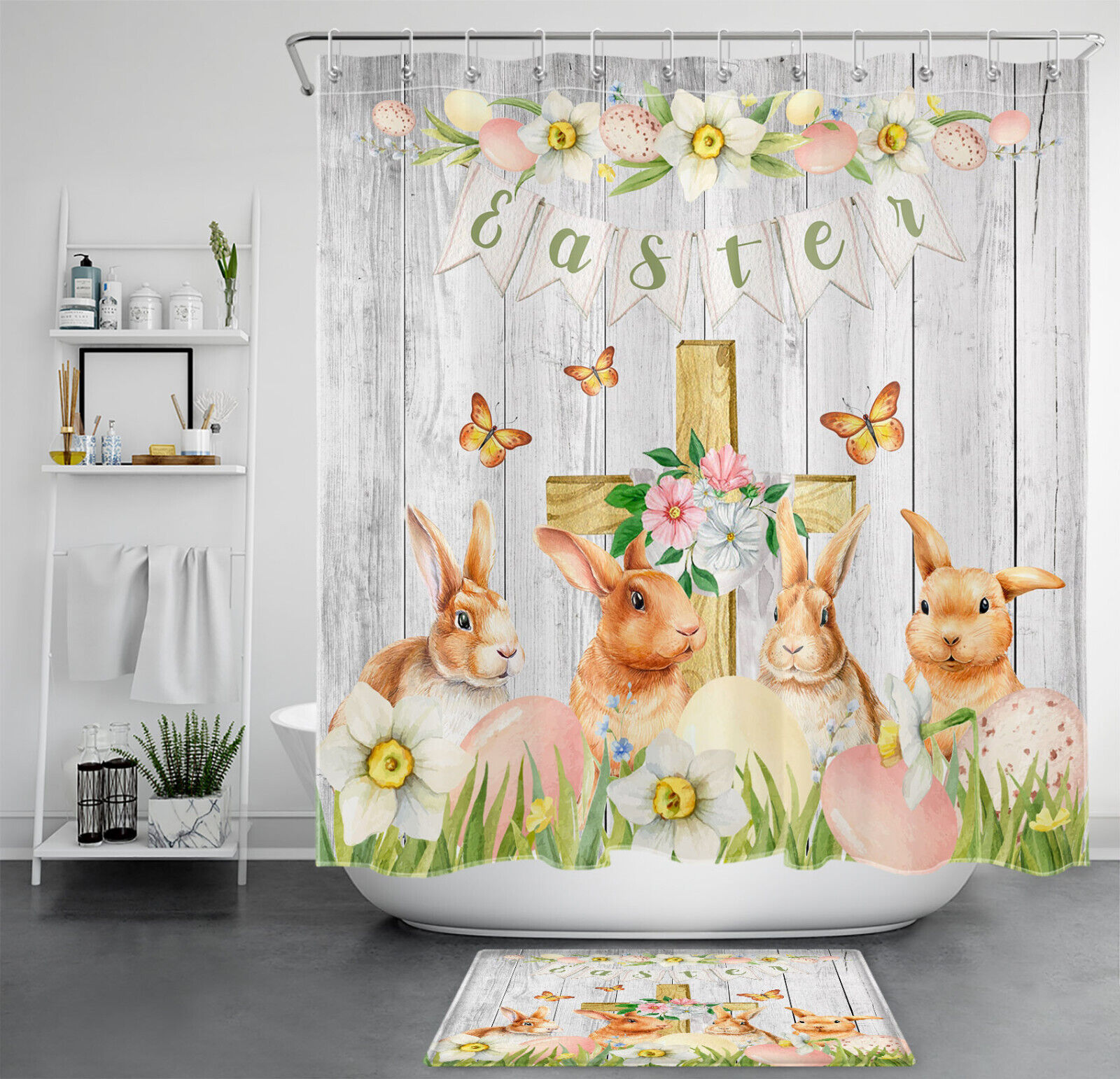 Add A Playful And Fun Touch To Your Bathroom With A Flower Rabbit Easter Egg Rustic Retro Shower Curtain