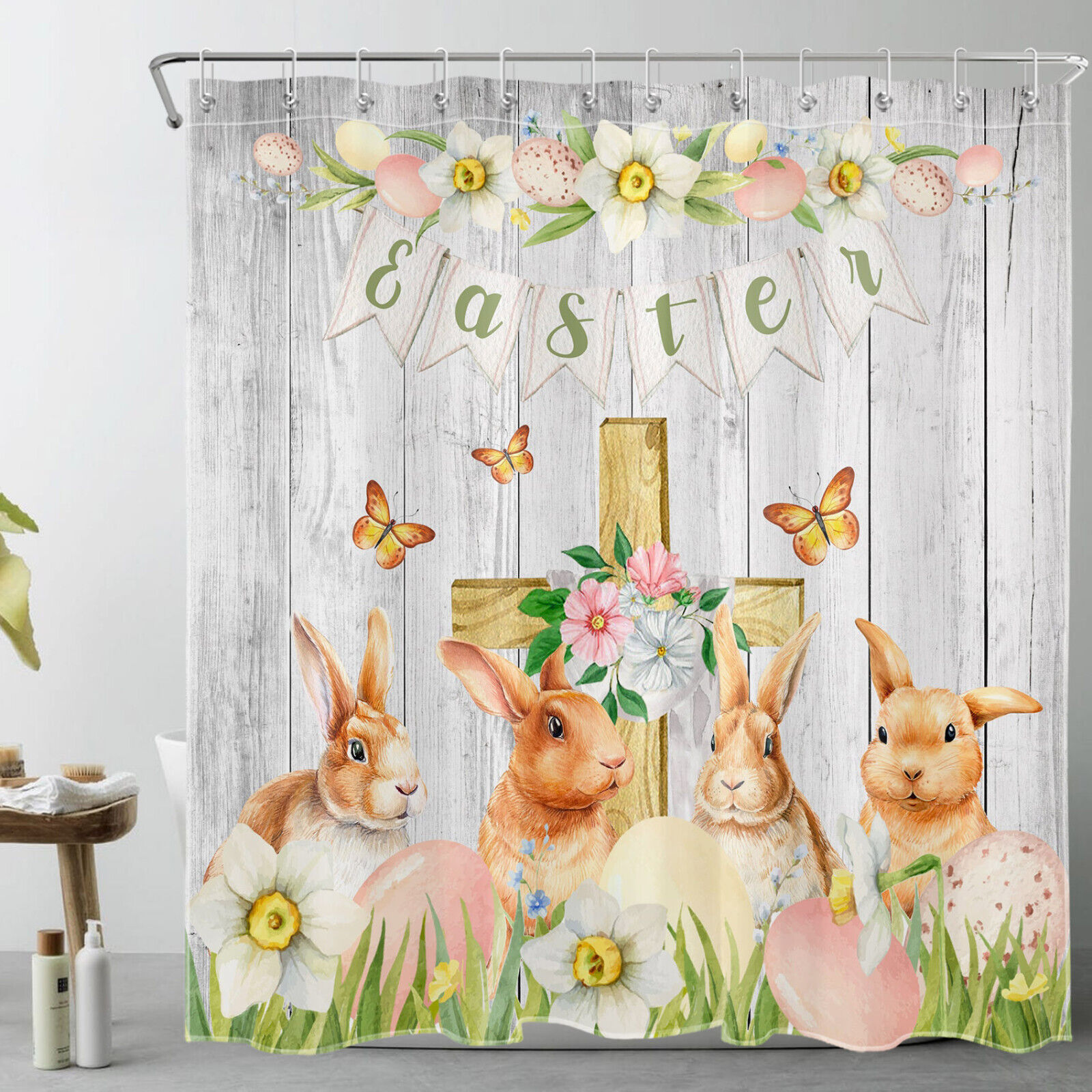 Add A Playful And Fun Touch To Your Bathroom With A Flower Rabbit Easter Egg Rustic Retro Shower Curtain