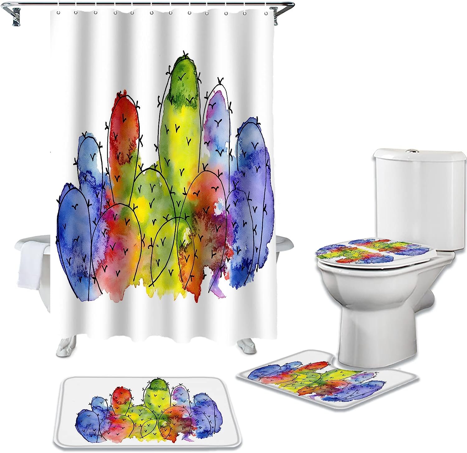 Add A Pop Of Color With Abstract Watercolor Tropical Botanical Cactus Shower Curtain - Image 2