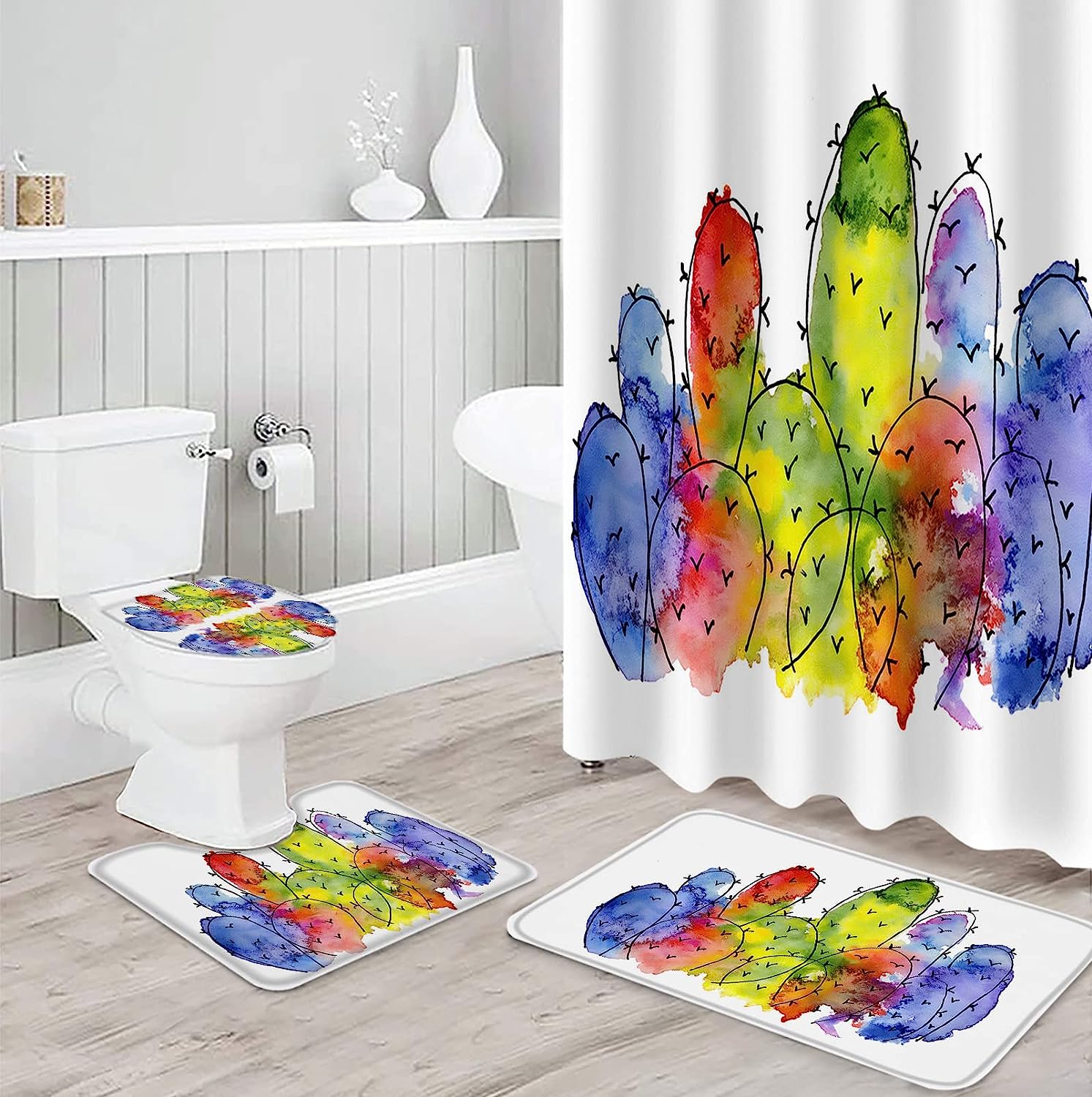 Add A Pop Of Color With Abstract Watercolor Tropical Botanical Cactus Shower Curtain - Image 3