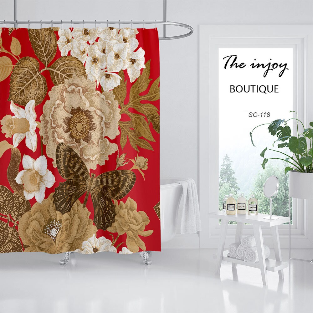 Add A Pop Of Red To Your Bathroom With A Flower Butterfly Red Shower Curtain