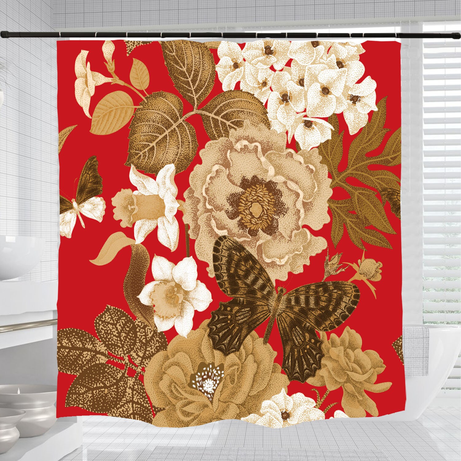Add A Pop Of Red To Your Bathroom With A Flower Butterfly Red Shower Curtain