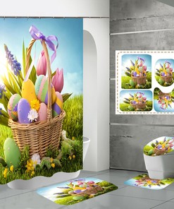 Add A Spring Vibe To Your Bathroom With 3D Easter Eggs Flower Grassland Shower Curtain Lid Set