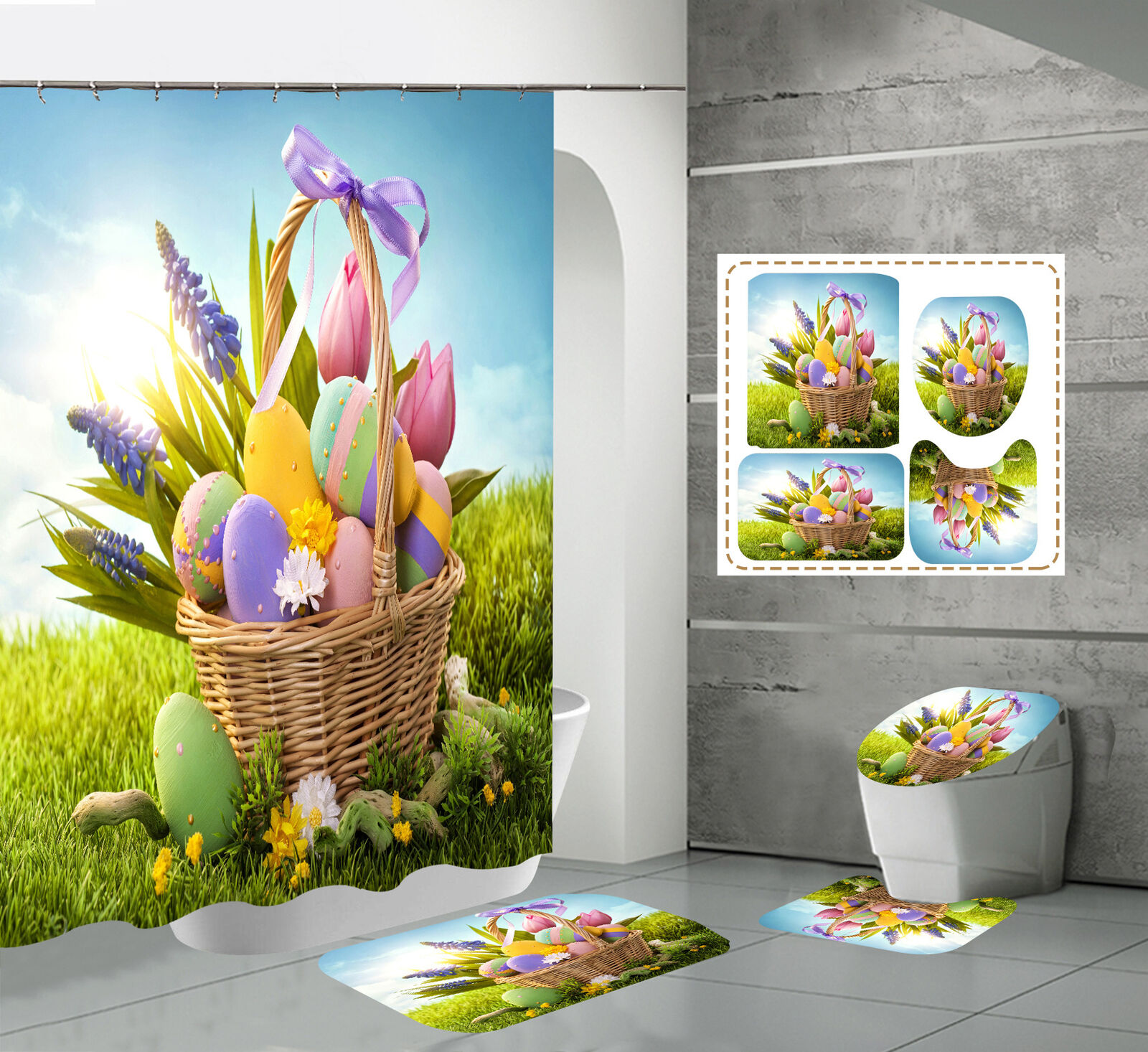 Add A Spring Vibe To Your Bathroom With 3D Easter Eggs Flower Grassland Shower Curtain Lid Set