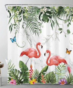 Add A Touch Of Flamingo And Marble To Your Bathroom With This Floral Butterfly Shower Curtain Set