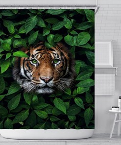 Add A Touch Of Nature To Your Bathroom With Albodanl Lovely Tiger Head Shower Curtain With Green Leaves Pattern.