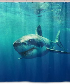 Add A Touch Of The Ocean To Your Bathroom With Alaza Shark Pattern Waterproof Shower Curtain.
