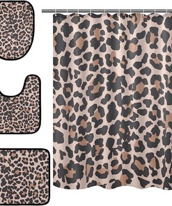 Add A Vintage Touch To Your Bathroom With Alaza Animal Leopard Pattern Shower Curtain And Mat Set.
