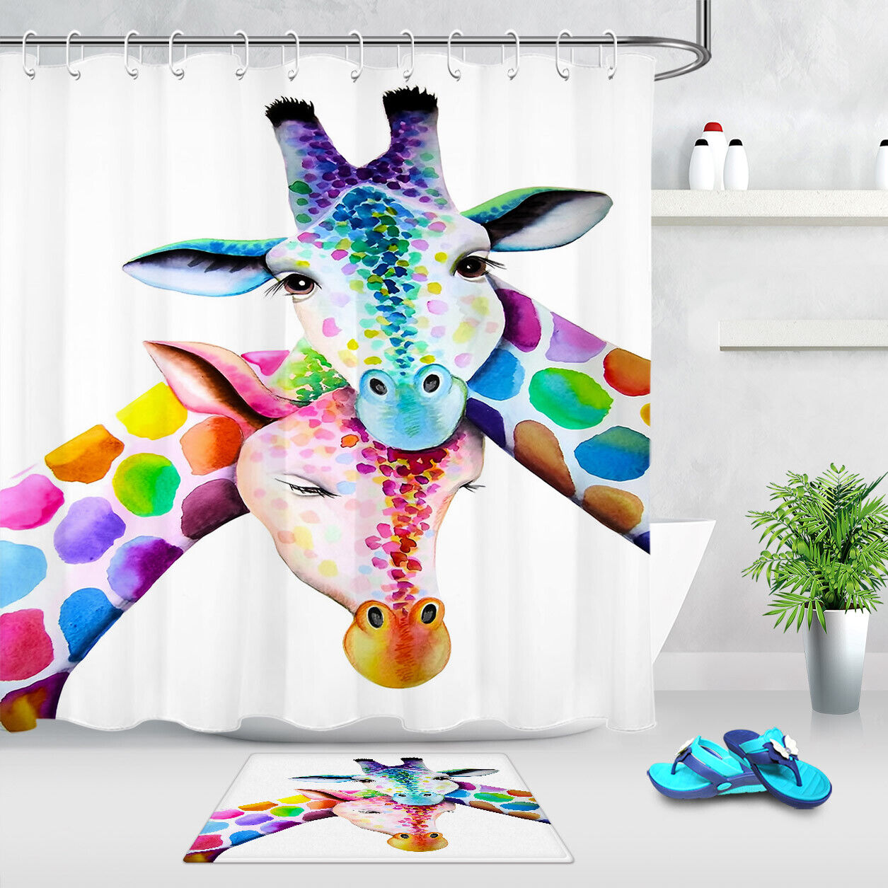 Add An African Touch with Watercolor Giraffe African Wild Animals Waterproof Fabric Shower Curtain