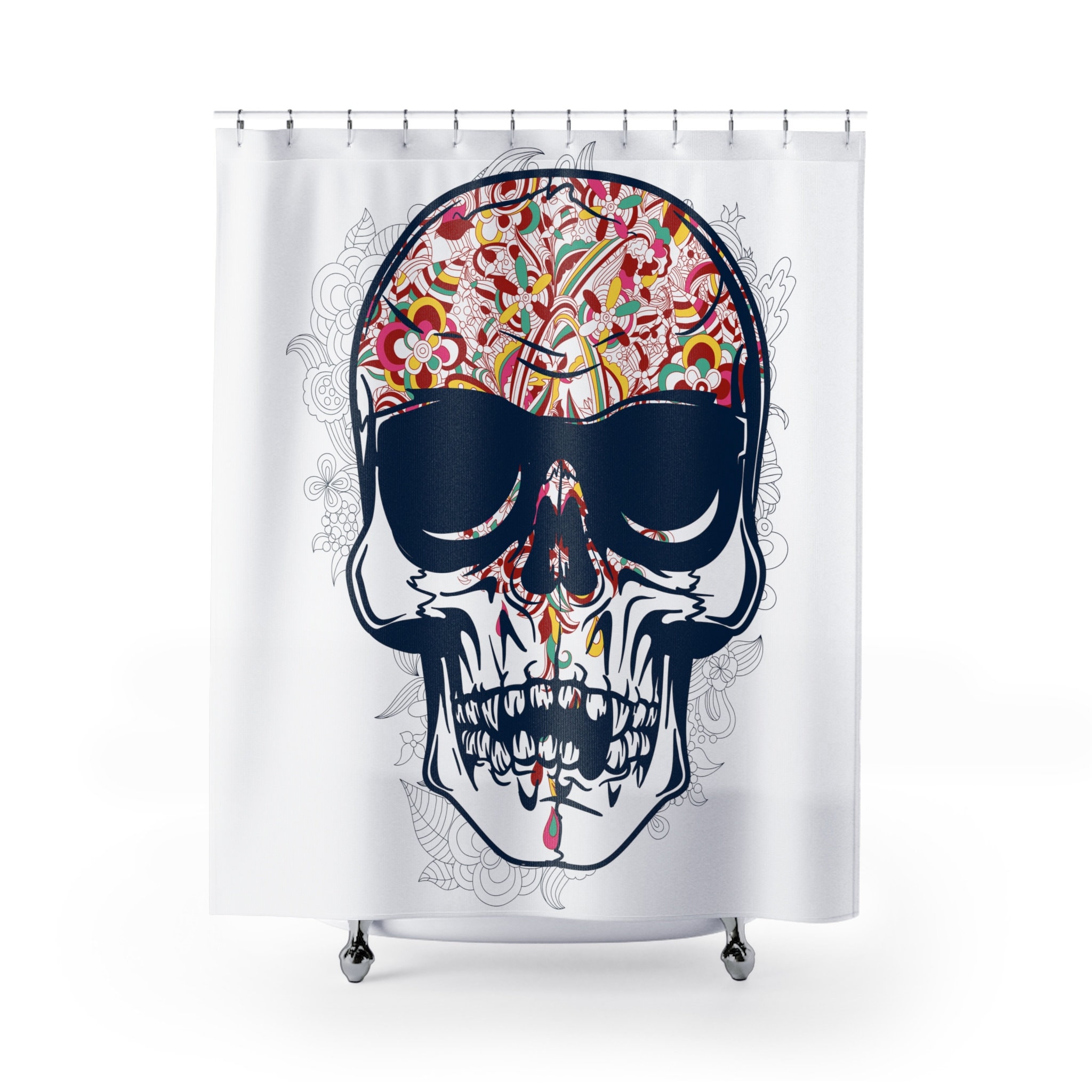 Add Flair To Your Bathroom With A Decorative Floral Shower Curtain With A Skull Print