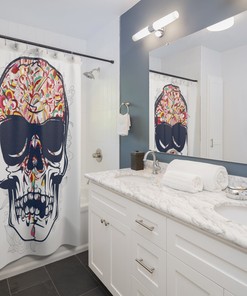 Add Flair To Your Bathroom With A Decorative Floral Shower Curtain With A Skull Print