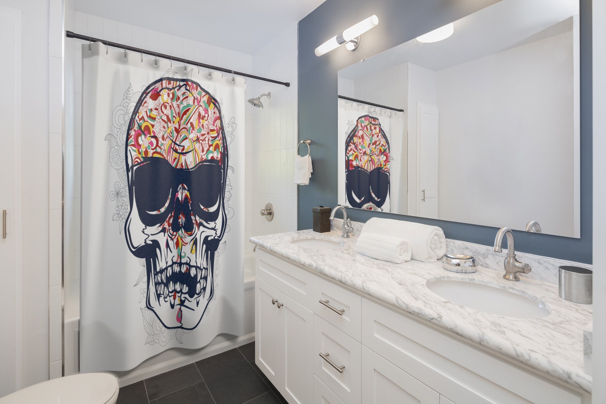 Add Flair To Your Bathroom With A Decorative Floral Shower Curtain With A Skull Print
