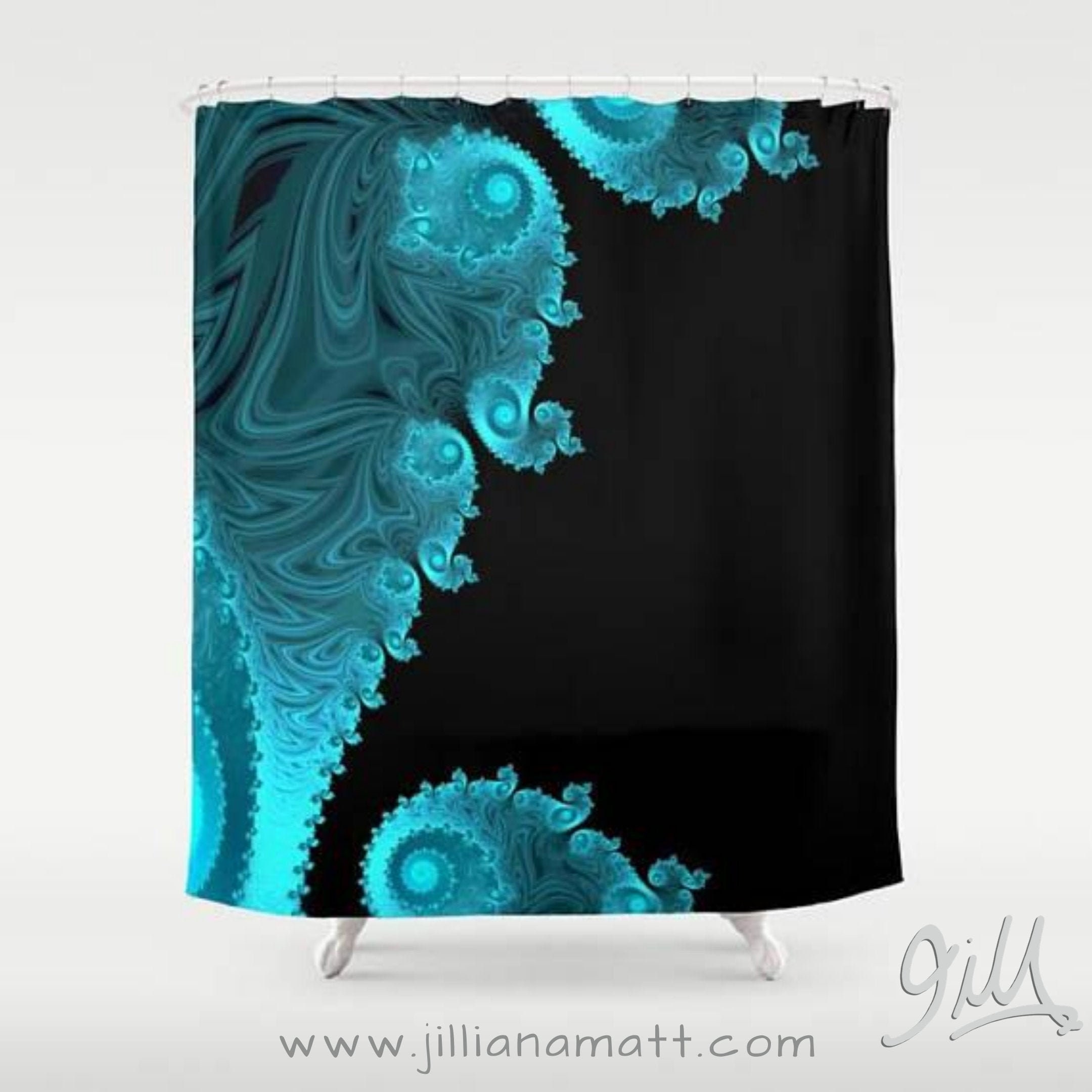 Add Geometric Design To Your Bathroom With This Black And Blue Fabric Shower Curtain