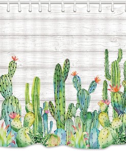 Add Nature-inspired Look with Cactus Print Shower Curtain for Tropical Desert Green Bathroom Decor