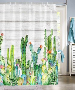 Add Nature-inspired Look with Cactus Print Shower Curtain for Tropical Desert Green Bathroom Decor