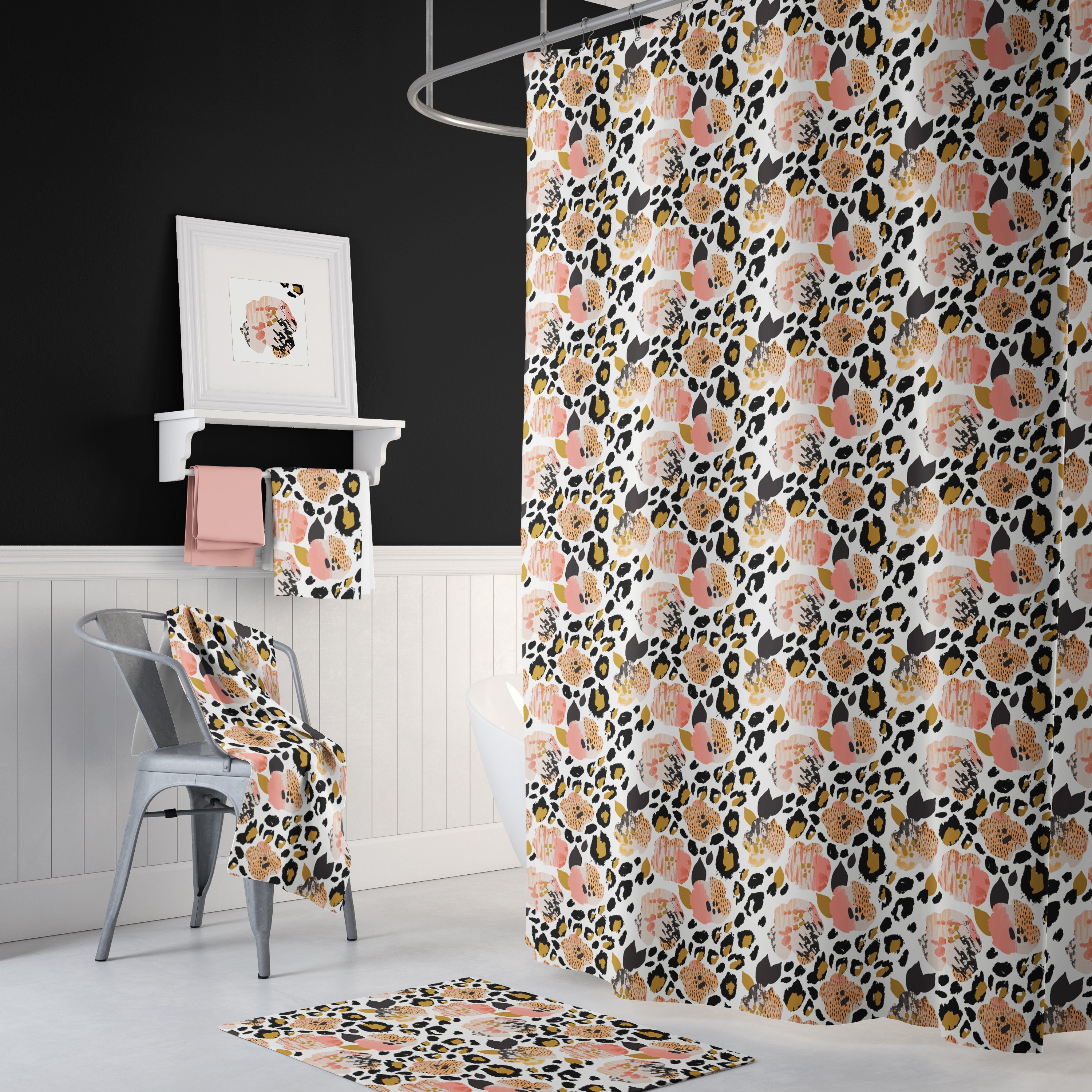 Add Some Black And Gold Elegance With This Floral Leopard Shower Curtain And Accessories Set