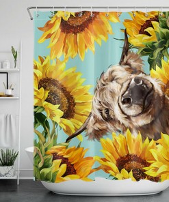 Add Some Country Charm with Watercolor Funny Highland Cow Sunflower Flower Shower Curtain Bathroom Decor