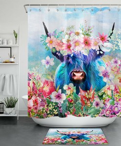 Add Some Farmhouse Charm with Watercolor Flower Funny Blue Highland Cow Shower Curtain Bathroom Accessory