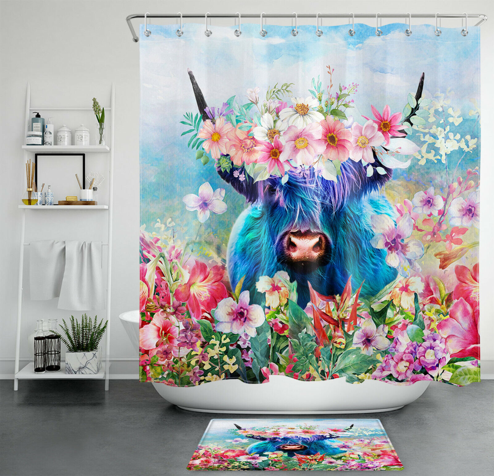 Add Some Farmhouse Charm with Watercolor Flower Funny Blue Highland Cow Shower Curtain Bathroom Accessory