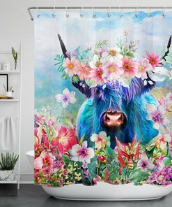 Add Some Farmhouse Charm with Watercolor Flower Funny Blue Highland Cow Shower Curtain Bathroom Accessory