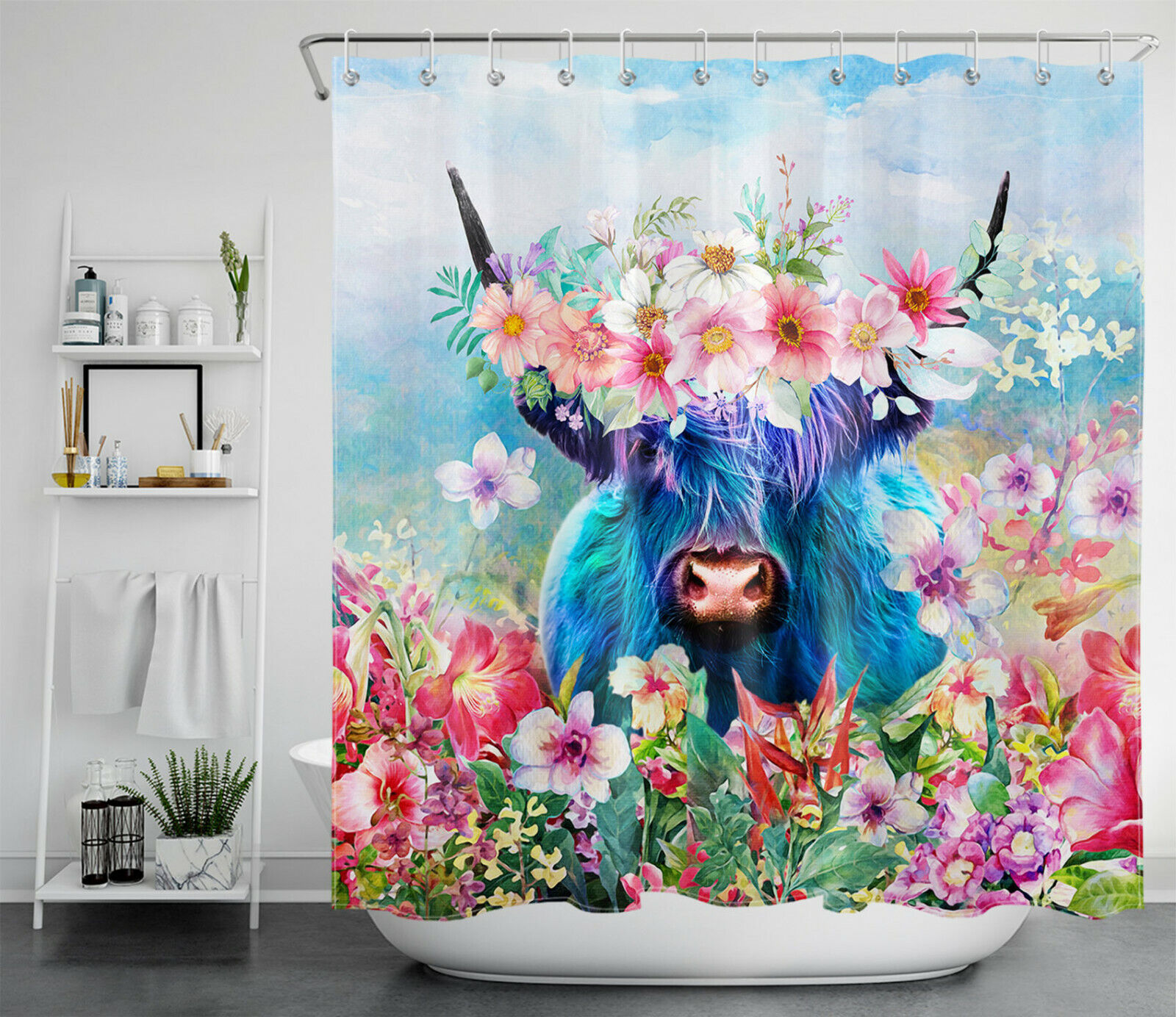 Add Some Farmhouse Charm with Watercolor Flower Funny Blue Highland Cow Shower Curtain Bathroom Accessory