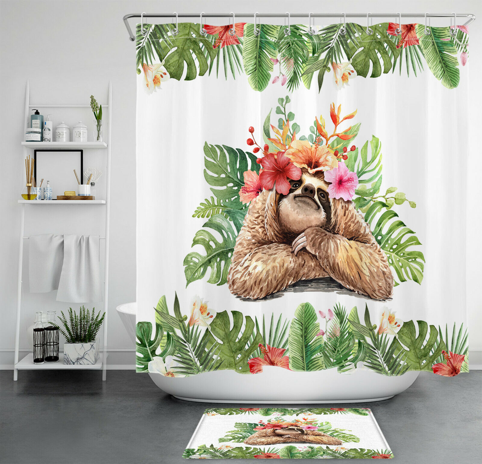 Add Some Fun with this Tropical Sloth Print Shower Curtain in Your Bathroom
