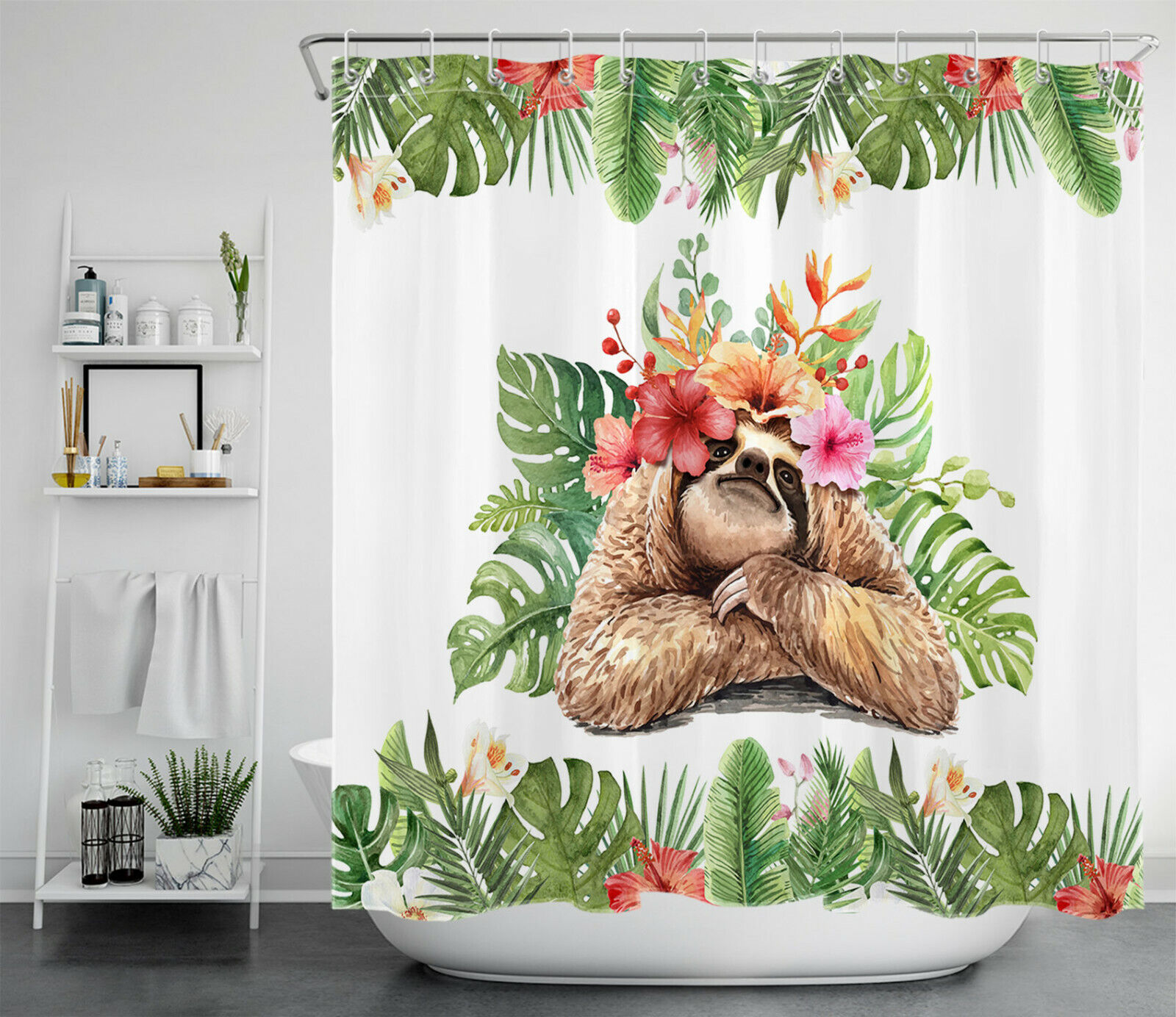Add Some Fun with this Tropical Sloth Print Shower Curtain in Your Bathroom