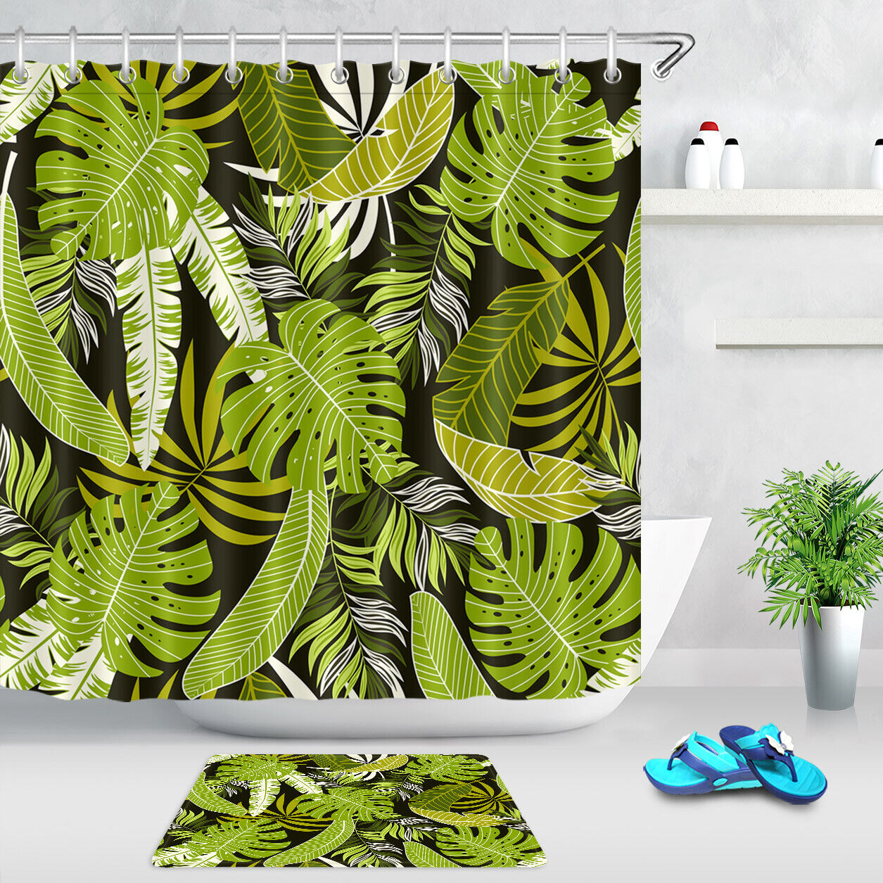 Add Some Greenery with Watercolor Green Tropical Palm Leaves Fabric Shower Curtain Bathroom Decor