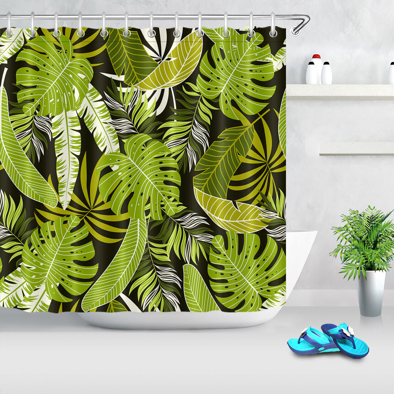 Add Some Greenery with Watercolor Green Tropical Palm Leaves Fabric Shower Curtain Bathroom Decor
