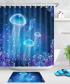 Add Some Natural Wonder To Your Decor With This Undersea World Magic Glowing Jellyfish Seahorse Fabric Shower Curtain