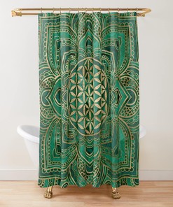 Add Some Spirituality To Your Bathroom Decor With A Flower Of Life In Lotus - Malachite And Gold Shower Curtain