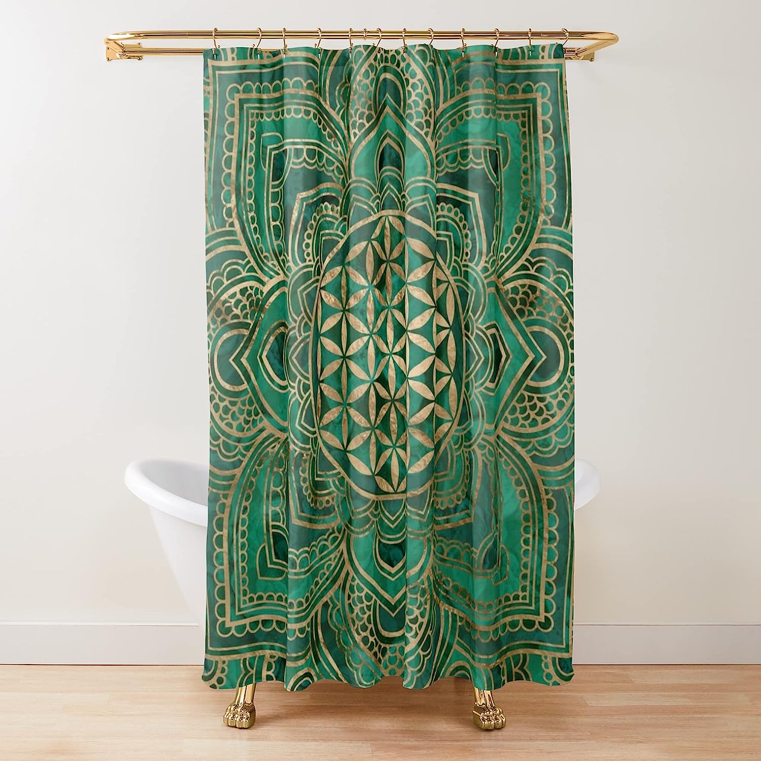Add Some Spirituality To Your Bathroom Decor With A Flower Of Life In Lotus - Malachite And Gold Shower Curtain