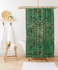 Add Some Spirituality To Your Bathroom Decor With A Flower Of Life In Lotus - Malachite And Gold Shower Curtain