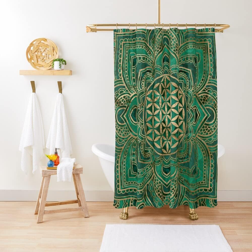 Add Some Spirituality To Your Bathroom Decor With A Flower Of Life In Lotus - Malachite And Gold Shower Curtain