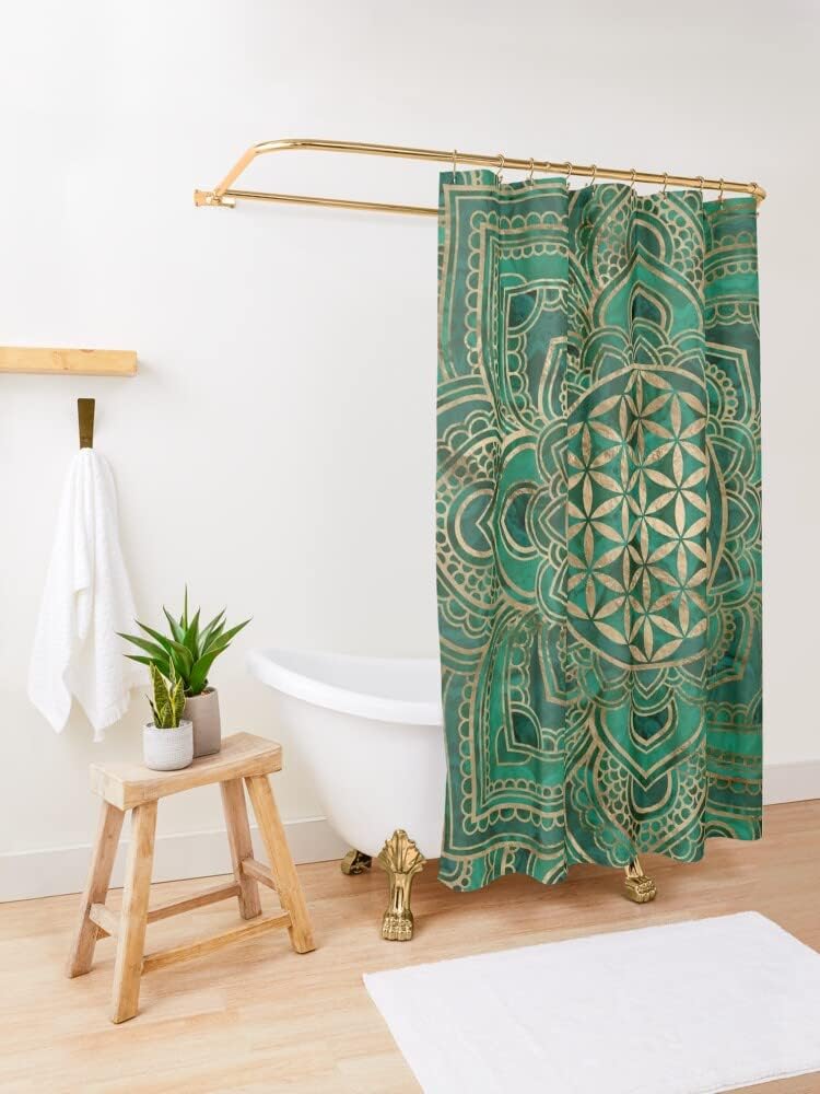 Add Some Spirituality To Your Bathroom Decor With A Flower Of Life In Lotus - Malachite And Gold Shower Curtain