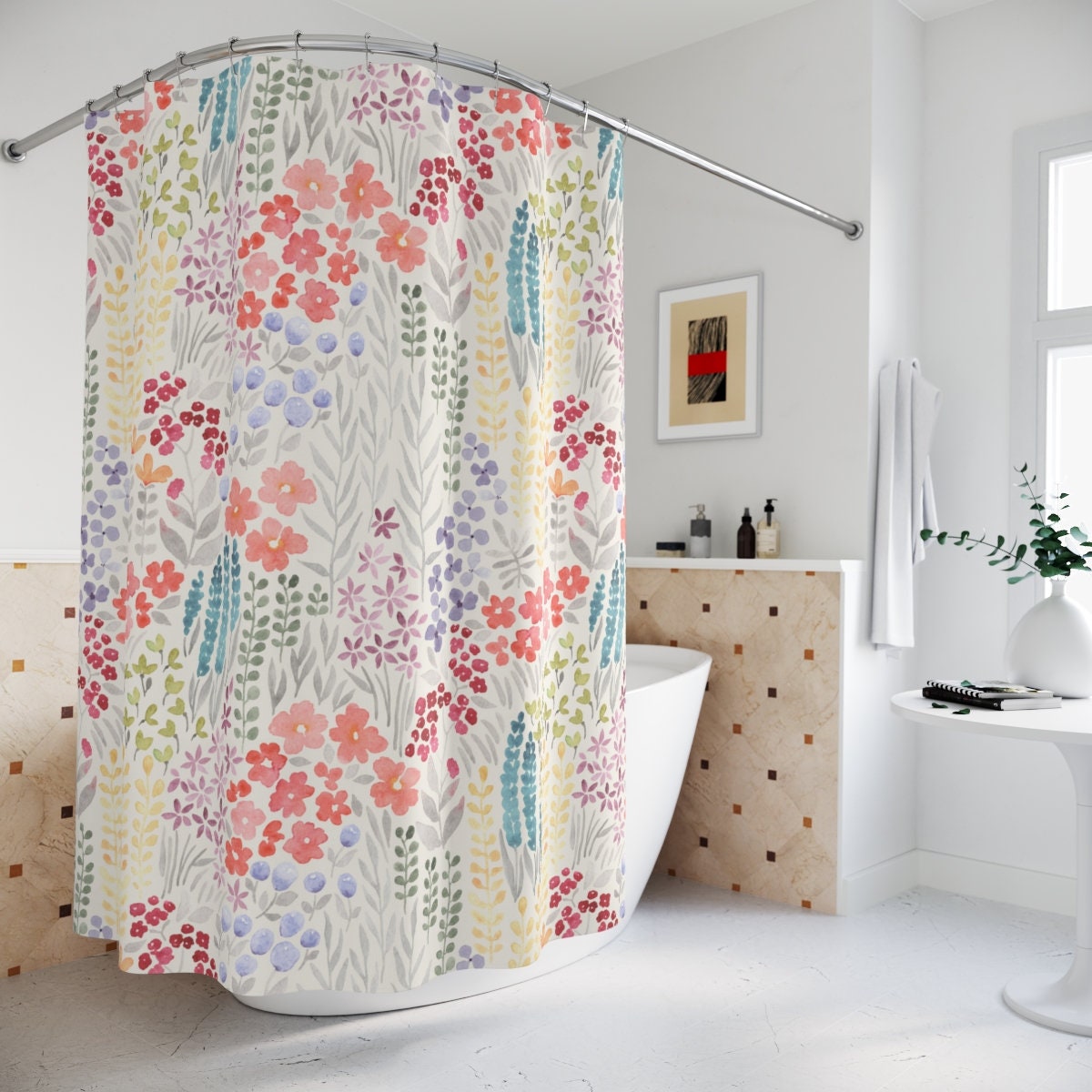 Add Some Spring Decor To Your Bathroom With This Floral Pattern Flower Print Fabric Shower Curtain