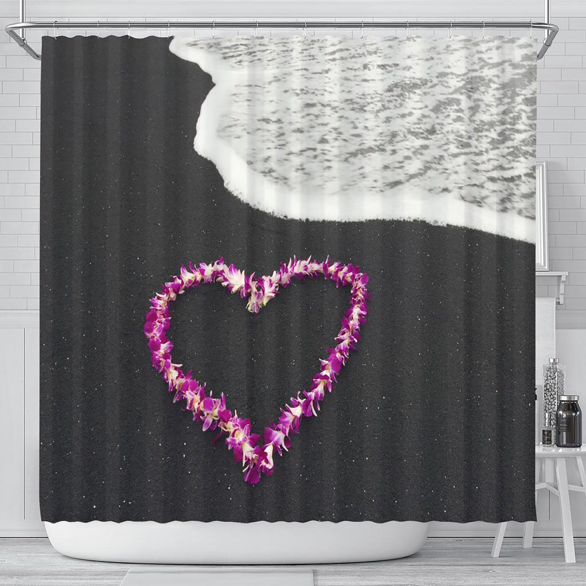 Add Some Tropical Vibes To Your Bathroom With This Flower Heart Shower Curtain Featuring A Hawaii Ocean View