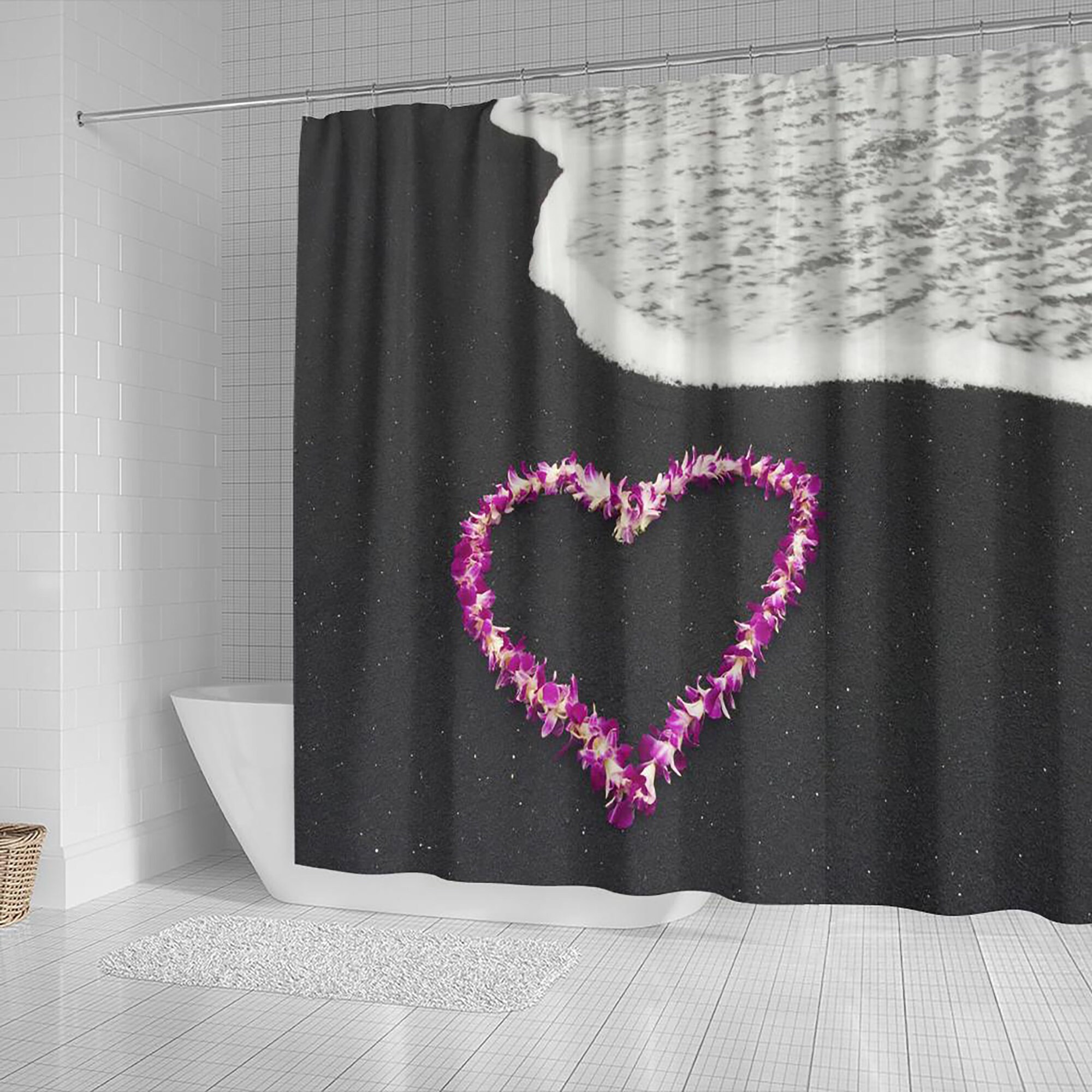 Add Some Tropical Vibes To Your Bathroom With This Flower Heart Shower Curtain Featuring A Hawaii Ocean View