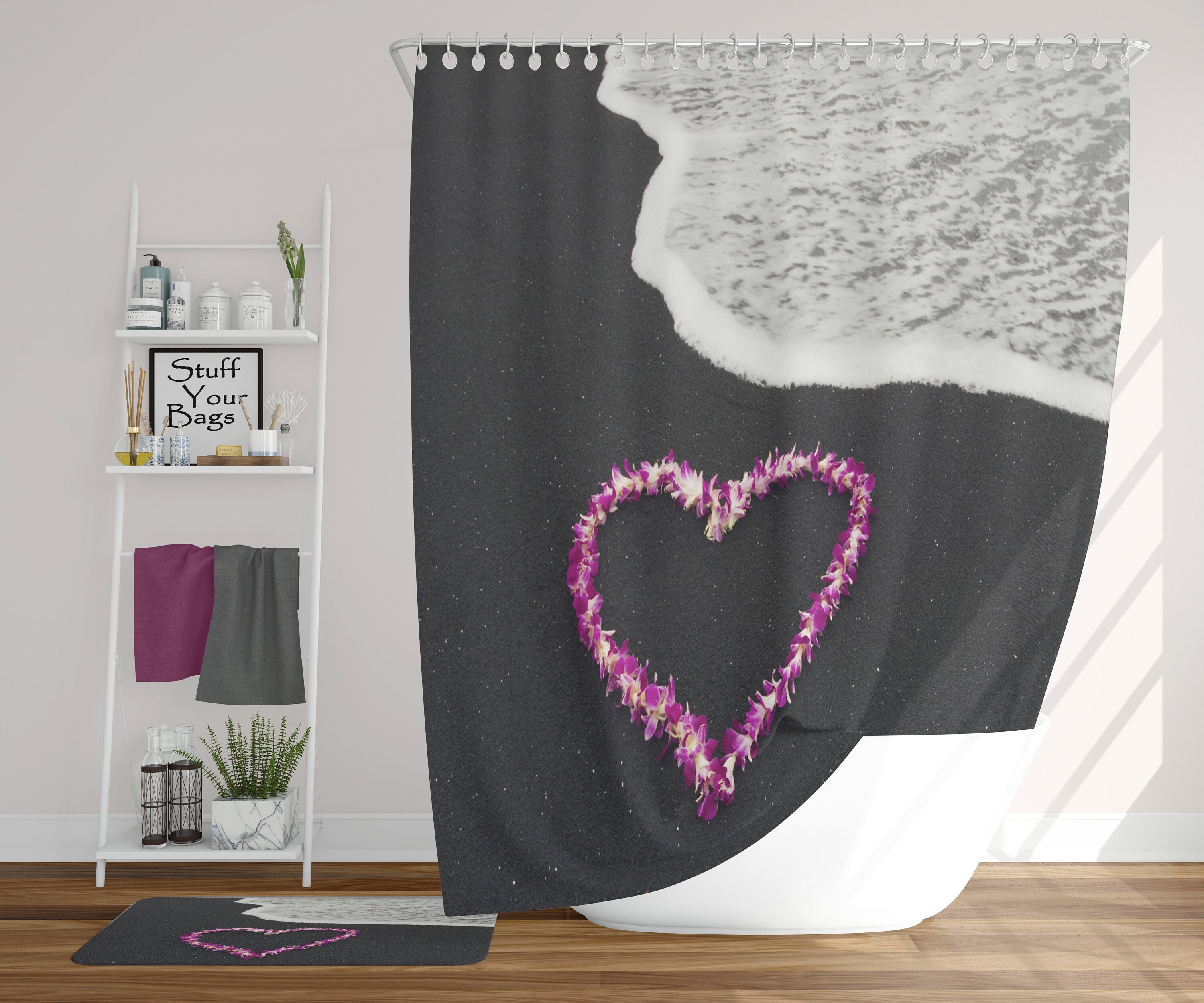 Add Some Tropical Vibes To Your Bathroom With This Flower Heart Shower Curtain Featuring A Hawaii Ocean View