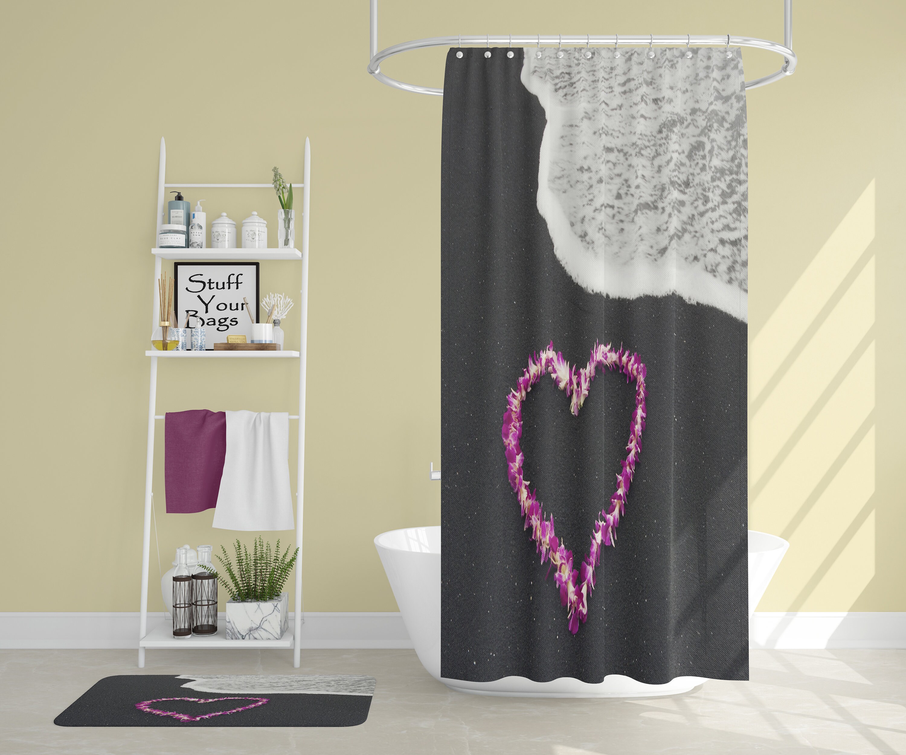 Add Some Tropical Vibes To Your Bathroom With This Flower Heart Shower Curtain Featuring A Hawaii Ocean View