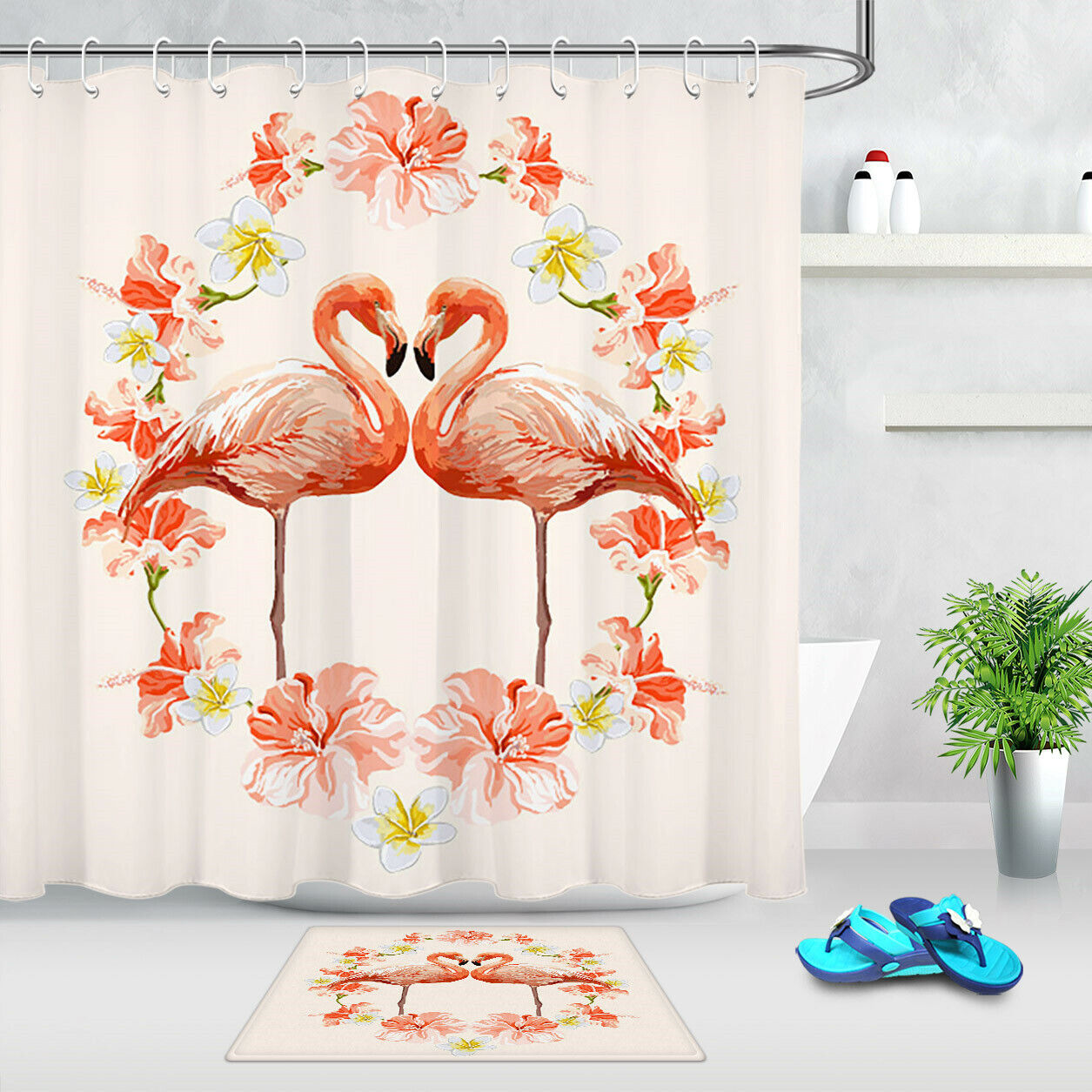 Add Some Whimsy with a Watercolor Floral Wreath Flamingo Shower Curtain