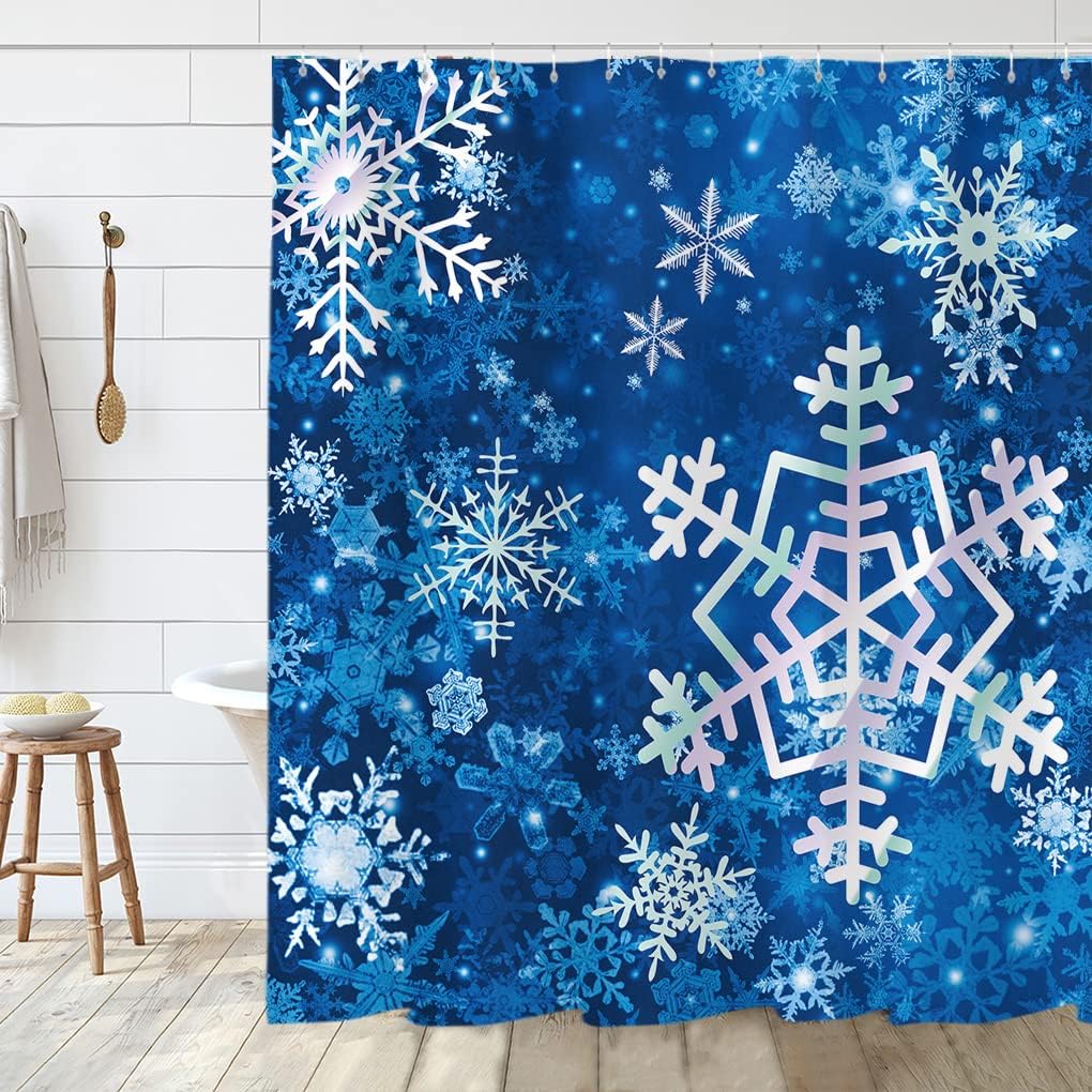 Add Some Winter Charm to Your Bathroom with Merry Christmas Snowflake Shower Curtain in Blue