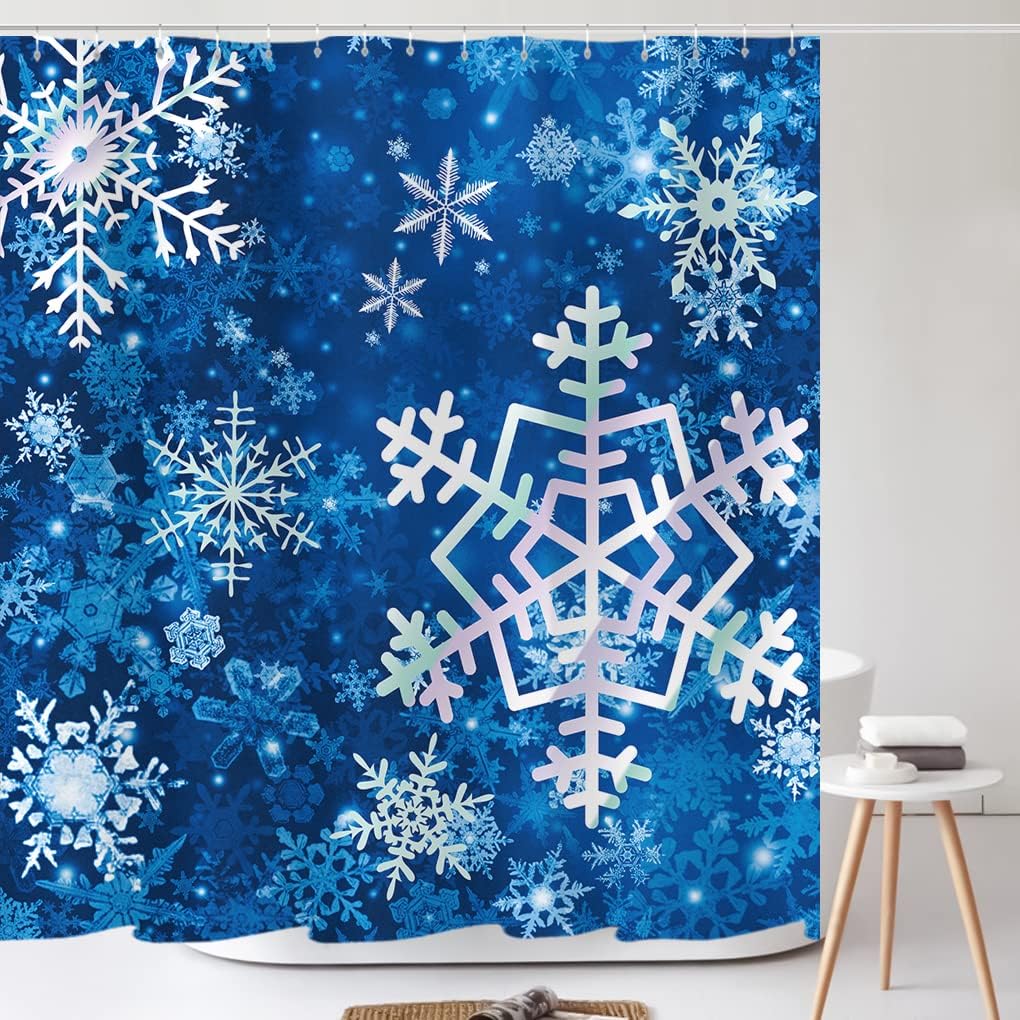 Add Some Winter Charm to Your Bathroom with Merry Christmas Snowflake Shower Curtain in Blue