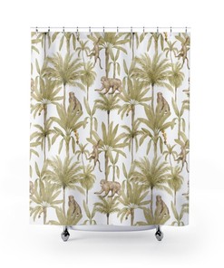 Add Vintage Charm to Your Bathroom with Golden Olive Tree Print Monkey Palm Shower Curtain 