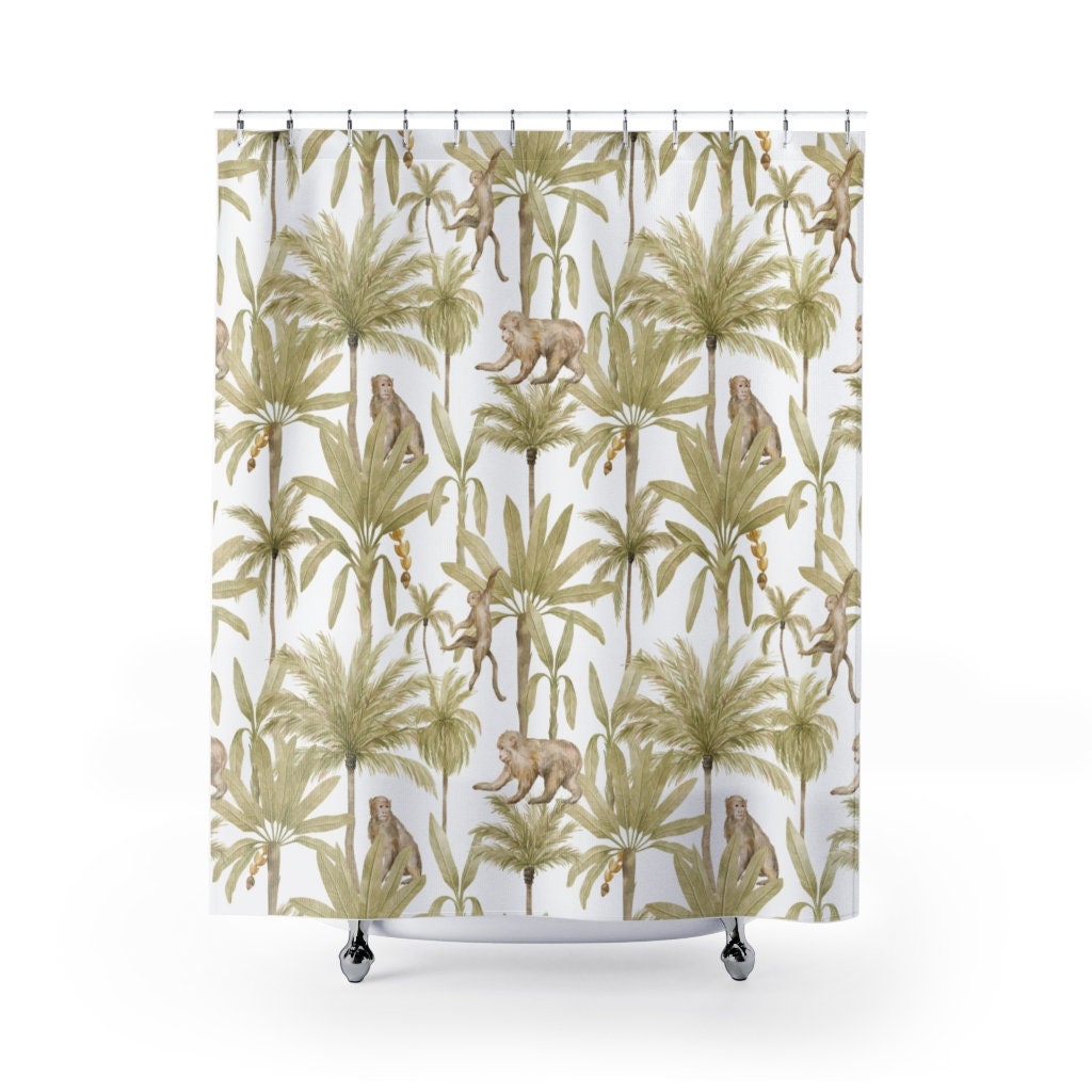 Add Vintage Charm to Your Bathroom with Golden Olive Tree Print Monkey Palm Shower Curtain