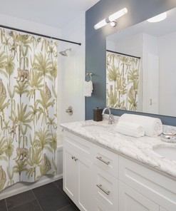 Add Vintage Charm to Your Bathroom with Golden Olive Tree Print Monkey Palm Shower Curtain