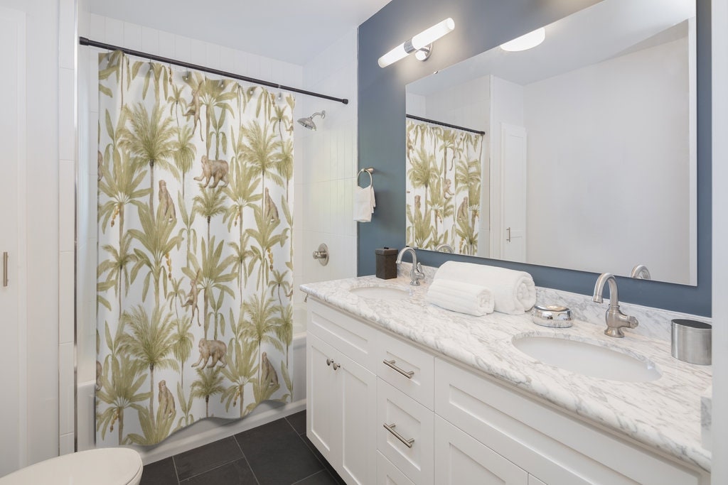 Add Vintage Charm to Your Bathroom with Golden Olive Tree Print Monkey Palm Shower Curtain