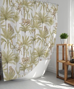 Add Vintage Charm to Your Bathroom with Golden Olive Tree Print Monkey Palm Shower Curtain