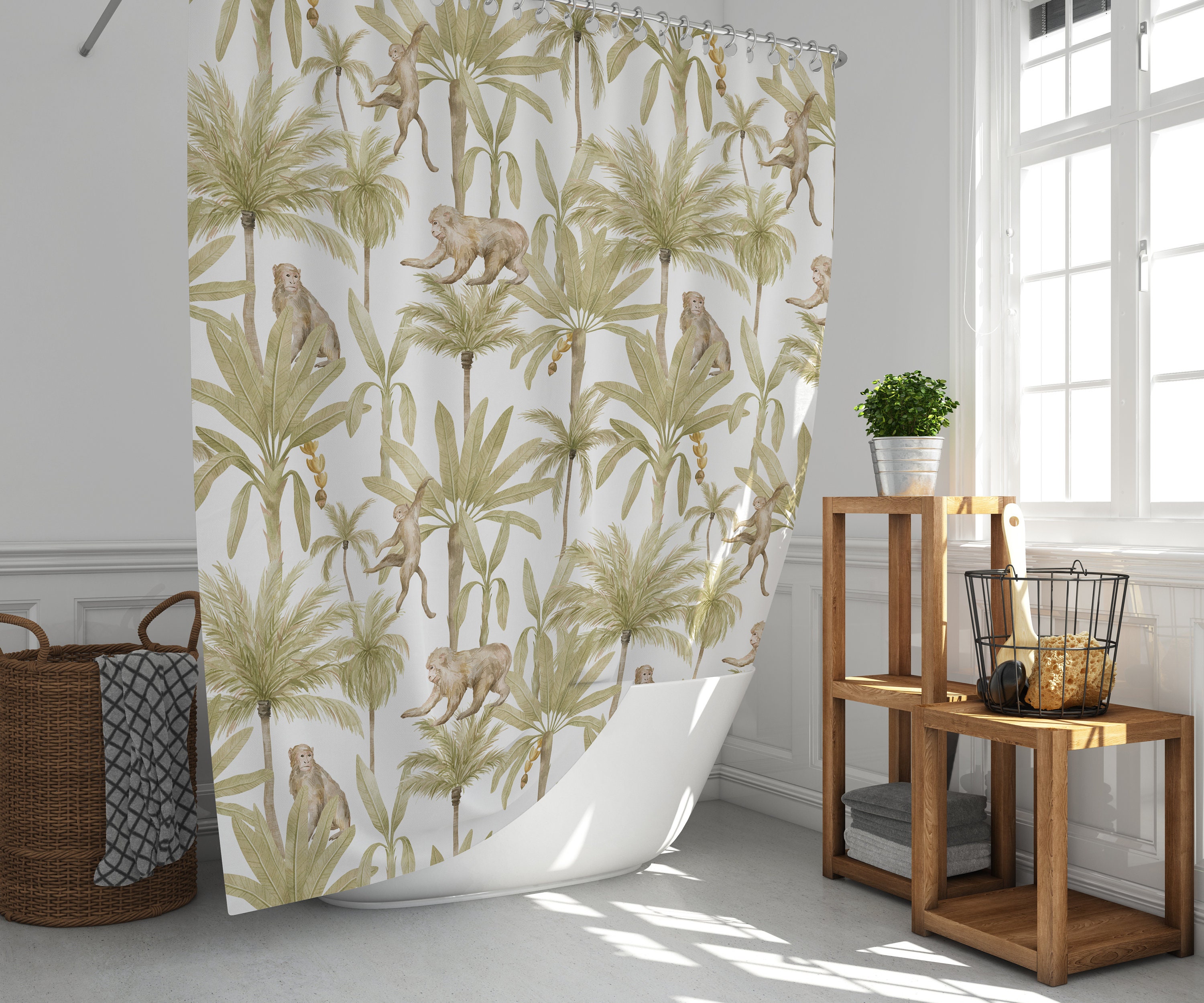 Add Vintage Charm to Your Bathroom with Golden Olive Tree Print Monkey Palm Shower Curtain
