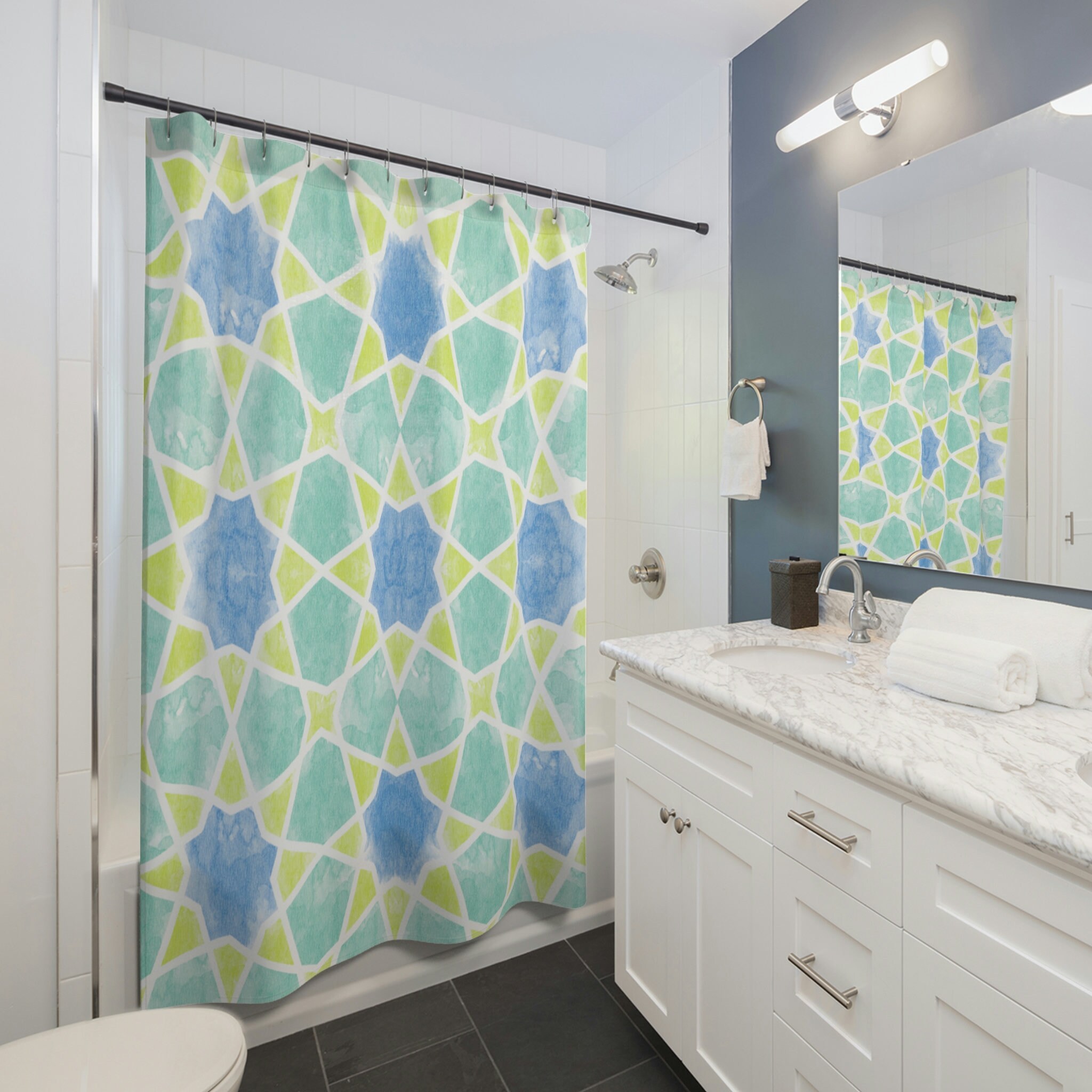 Add a Moroccan Flair with Watercolor Hand-Drawn Shower Curtain Geometric Style Arabian Moroccan Pattern